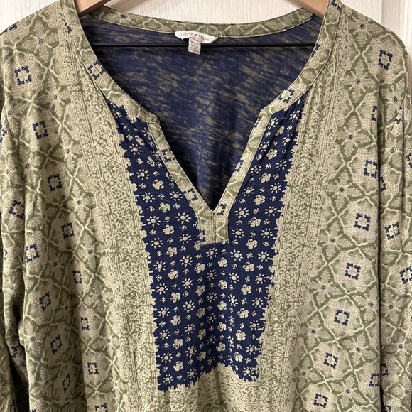 Lucky Brand 3/4 Sleeve Peasant Tunic Top Blouse 3XL Olive Green Blue Lightweight - Picture 3 of 8